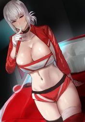 Rule 34 | 1girl, bandeau, blush, breasts, choker, cleavage, collarbone, cropped jacket, fate/grand order, fate (series), florence nightingale (fate), gloves, jacket, jikihatiman, large breasts, long hair, long sleeves, looking at viewer, navel, open clothes, open jacket, pink hair, race queen, red eyes, red jacket, red shorts, short shorts, shorts, shrug (clothing), thighs, white gloves