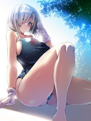 Rule 34 | 1girl, bare legs, black legwear, black one-piece swimsuit, blue eyes, breasts, closed mouth, commentary request, covered erect nipples, gloves, grey hair, hamakaze (kancolle), highres, huge breasts, kantai collection, knee up, leaf, one-piece swimsuit, salute, school swimsuit, shiny skin, sitting, smile, solo, swimsuit, taut clothes, taut swimsuit, torisan, white gloves