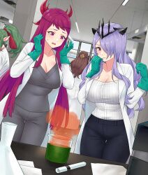 Rule 34 | 4girls, alternate costume, breasts, brown hair, camilla (fire emblem), camilla (light of nohr) (fire emblem), chemistry, commission, dorothea arnault, fire emblem, fire emblem: three houses, fire emblem engage, fire emblem fates, fire emblem heroes, green hair, highres, igni tion, indoors, ivy (fire emblem), lab coat, laboratory, large breasts, multiple girls, nintendo, pointy ears, purple eyes, purple hair, tiki (adult) (fire emblem), tiki (fire emblem)