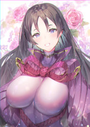 Rule 34 | 1girl, blush, bodysuit, breasts, fate/grand order, fate (series), flower, hair between eyes, large breasts, long hair, looking at viewer, minamoto no raikou (fate), open mouth, parted bangs, purple bodysuit, purple eyes, purple hair, ribbed sleeves, rope, smile, solo, very long hair, yoshimoto (dear life)