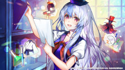 Rule 34 | 1girl, :d, ?, alternate eye color, artist request, blue hair, blue hat, blush, book, bottle, breasts, collarbone, commentary request, door, hat, hat ribbon, holding, holding paper, japanese clothes, kamishirasawa keine, light blue hair, long sleeves, medicine, medium breasts, multicolored hair, open mouth, paper, protractor, puffy short sleeves, puffy sleeves, purple eyes, red hat, red neckwear, red ribbon, ribbon, shelf, short sleeves, shouji, sidelocks, sliding doors, smile, solo, standing, teeth, test tube, touhou, touhou danmaku kagura, two-tone hair, upper body, upper teeth only, vial, white sleeves, window