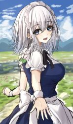 Rule 34 | 1girl, 7saki, apron, bad id, bad twitter id, black neckwear, blue dress, blue eyes, blue sky, braid, breasts, cloud, cloudy sky, dress, frills, hair between eyes, izayoi sakuya, large breasts, looking at viewer, looking back, maid, maid apron, maid headdress, medium hair, open clothes, outstretched arm, puffy short sleeves, puffy sleeves, sash, short sleeves, sky, solo, touhou, twin braids, white hair, white sash, wrist cuffs