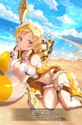 Rule 34 | 1girl, alternate costume, arm support, bare arms, bare legs, bare shoulders, beach, bikini, blonde hair, blue sky, blurry, blush, bokeh, bracelet, breasts, card (medium), character name, cleavage, cleavage cutout, closed mouth, clothing cutout, cloud, cloudy sky, collarbone, day, depth of field, detached sleeves, dot nose, drill hair, dutch angle, flower, foot out of frame, forest, frilled swimsuit, frills, hair flower, hair ornament, happy, holding, holding polearm, holding weapon, horizon, impossible clothes, innertube, jewelry, jitome, koushi sasagi, large breasts, lens flare, lifebuoy, light particles, magia record: mahou shoujo madoka magica gaiden, mahou shoujo madoka magica, nature, navel, necklace, ocean, official art, on ground, outdoors, polearm, puffy short sleeves, puffy sleeves, sand, see-through, shaded face, shadow, shore, short sleeves, sitting, skindentation, sky, smile, solo, sparkle, star (symbol), star print, starfish, stomach, swim ring, swimsuit, thighlet, thighs, tomoe mami, tomoe mami (swimsuit ver.), translated, tree, twin drills, water, weapon, wet, white bikini, white flower, wrist cuffs, yellow eyes, yellow flower