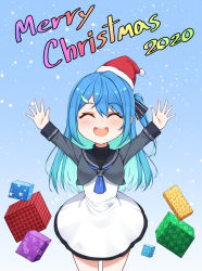 Rule 34 | 1girl, 2020, :d, \o/, ^ ^, aqua hair, arms up, bad id, bad pixiv id, blue background, blue eyes, box, chibi, closed eyes, colored inner hair, commentary, cowboy shot, english commentary, facing viewer, gift, gift box, gradient background, hair ornament, hairclip, hat, healther, highres, long hair, merry christmas, multicolored hair, one side up, open mouth, original, outstretched arms, round teeth, sailor collar, santa hat, simple background, smile, solo, teeth, two-tone hair