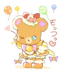Rule 34 | apron, arm behind head, balloon, bear hair ornament, bloomers, blue eyes, boots, bow, bowtie, clenched hand, cosplay, cure mofurun, cure mofurun (cosplay), dress, footwear bow, fur-trimmed boots, fur-trimmed sleeves, fur trim, gloves, hair bow, hair ornament, hand on own hip, hat, hat bow, hayashi (kanzume), heart, layered sleeves, leaning forward, long sleeves, magical girl, mahou girls precure!, mini hat, mini witch hat, mofurun (mahou girls precure!), no humans, one eye closed, open mouth, orange dress, orange footwear, pink bow, pink bowtie, precure, puffy short sleeves, puffy sleeves, red bow, self cosplay, shadow, short dress, short over long sleeves, short sleeves, simple background, smile, star (symbol), star in eye, striped sleeves, stuffed animal, stuffed toy, symbol in eye, teddy bear, two-tone sleeves, underwear, white apron, white background, white bloomers, white gloves, white headwear, white sleeves, witch hat, yellow sleeves