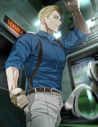 Rule 34 | 1boy, arm up, artist name, blonde hair, blue shirt, clenched hand, formal, highres, jujutsu kaisen, looking at viewer, male focus, nanami kento, necktie, shirt, short hair, sleeves rolled up, solo, ssss7777 7, standing, subway, suit, sunglasses, suspenders, train, train interior, twitter username, yellow necktie