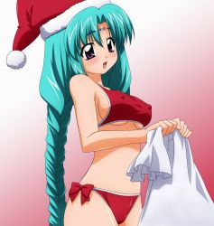Rule 34 | 1990s (style), 1girl, braid, breasts, canal vorfeed, christmas, covered erect nipples, green hair, highres, long hair, lost universe, medium breasts, panties, retro artstyle, santa costume, solo, striped clothes, striped panties, sugimura tomokazu, twin braids, underwear