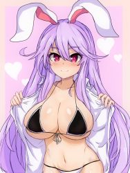 Rule 34 | 1girl, alternate costume, animal ears, bikini, bikini under clothes, black bikini, breasts, rabbit ears, collarbone, flashing, front-tie top, groin, hair between eyes, halterneck, halterneck, heart, heart background, highres, large breasts, long hair, looking at viewer, open clothes, pink background, purple hair, red eyes, reisen udongein inaba, sideboob, skindentation, smile, solo, sprout (33510539), swimsuit, touhou, underboob