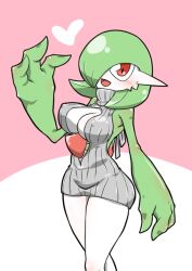 Rule 34 | 1girl, arm at side, bare shoulders, blush, bob cut, bottomless, breasts, center opening, cleavage, clothed pokemon, colored skin, covered erect nipples, creatures (company), female focus, game freak, gardevoir, gen 3 pokemon, green hair, green skin, grey sweater, hair over one eye, hand up, happy, heart, kazamidoririnn, looking at viewer, medium breasts, meme attire, multicolored skin, nintendo, one eye covered, open mouth, personification, pink background, pokemon, pokemon (creature), red eyes, ribbed sweater, shiny skin, short hair, simple background, smile, solo, standing, sweater, thighs, turtleneck, turtleneck sweater, two-tone background, two-tone skin, variant set, virgin killer sweater, white skin