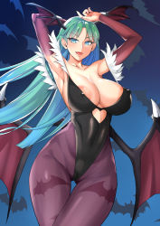 Rule 34 | 1girl, aqua hair, areola slip, armpits, arms up, bat wings, blue background, blue eyes, breasts, collarbone, commentary request, covered erect nipples, covered navel, cowboy shot, demon girl, detached sleeves, eyelashes, gradient hair, green hair, head wings, highres, huge breasts, large areolae, large breasts, lc 7v2, leotard, long hair, long sleeves, looking at viewer, low wings, morrigan aensland, multicolored hair, open mouth, pantyhose, print pantyhose, purple pantyhose, shiny clothes, skin tight, solo, vampire (game), wings