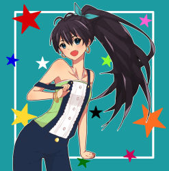 Rule 34 | black hair, blue eyes, bracelet, earrings, fang, ganaha hibiki, idolmaster, idolmaster (classic), jewelry, long hair, mizuta mari, namco, overalls, ponytail, smile, solo