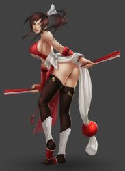 Rule 34 | adapted costume, alternate costume, ass, breasts, brown hair, fatal fury, hand fan, lalan fengchu, large breasts, one eye closed, ponytail, shiranui mai, smile, snk, the king of fighters, thong, wink