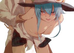 Rule 34 | 1girl, alternate hair length, alternate hairstyle, arm grab, arm held back, bad id, bad pixiv id, bent over, blue hair, blurry, blush, bottomless, breasts, breasts out, depth of field, food, fruit, hat, highres, hinanawi tenshi, nipples, no panties, open clothes, open mouth, open shirt, peach, pussy juice, sex, shirt, short hair, siirakannu, solo focus, topless, touhou, white background