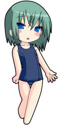 Rule 34 | 00s, 1girl, barefoot, blue eyes, blue one-piece swimsuit, blush, chibi, collarbone, flat chest, full body, green hair, iwasaki minami, looking at viewer, lucky star, neopure, one-piece swimsuit, open mouth, school swimsuit, short hair, simple background, solo, swimsuit, thigh gap, white background