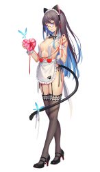 Rule 34 | 1girl, animal ears, apron, blue eyes, box, breasts, brown hair, cat ears, cat tail, detached collar, earrings, frilled apron, frills, full body, garter belt, garter straps, glasses, heart, heart-shaped box, heart earrings, high heels, highres, jewelry, licking lips, long hair, looking at viewer, maid, mary janes, naked apron, ribbon, sangai senki, shoes, smile, solo, strappy heels, tail, tail ornament, tail ribbon, thighhighs, tidsean, tongue, tongue out, transparent background, wrist cuffs