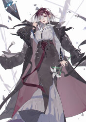 Rule 34 | 1girl, absurdres, arm wrap, belt, belt buckle, black coat, breasts, buckle, coat, coat on shoulders, debris, feet out of frame, floating, floating object, flower, gradient hair, hair over one eye, high-waist skirt, highres, hobble skirt, holding, holding flower, lily (flower), lips, long skirt, looking at viewer, looking down, medium breasts, multicolored hair, neck flower, neck ribbon, one eye covered, parted lips, path to nowhere, pointy ears, pugongying, purple belt, purple eyes, purple hair, red lips, ribbon, shalom (path to nowhere), shirt, skirt, smile, solo, straitjacket, two-sided fabric, white flower, white hair, white shirt