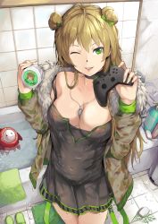 Rule 34 | 1girl, ahoge, bare shoulders, bathtub, between breasts, blush, bow, breasts, brown hair, camouflage, choker, cleavage, collarbone, double bun, dress, fur trim, girls&#039; frontline, gloves, green eyes, hair between eyes, hair bow, hair bun, highres, hiroki ree, indoors, jacket, jewelry, long hair, looking at viewer, medium breasts, necklace, no bra, one eye closed, parted lips, rfb (girls&#039; frontline), see-through, smile, solo, standing, wink