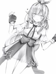 Rule 34 | 1girl, absurdres, bare arms, blush, breasts, cowboy shot, gloves, greyscale, hair between eyes, hair ribbon, hands up, heart, high ponytail, highres, hololive, long hair, looking at viewer, medium breasts, monochrome, nanashi (nlo), official alternate costume, pointy ears, puffy short sleeves, puffy sleeves, ribbon, short sleeves, simple background, smile, solo, thigh gap, very long hair, virtual youtuber, yukihana lamy, yukihana lamy (5th costume)