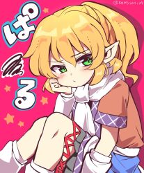 Rule 34 | 1girl, arm warmers, blonde hair, closed mouth, commentary, green eyes, half updo, highres, looking at viewer, mizuhashi parsee, multicolored clothes, parsee day, pointy ears, ramudia (lamyun), red background, scarf, short sleeves, socks, solo, squiggle, star (symbol), touhou, twitter username, white scarf, white socks