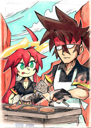 Rule 34 | 1boy, 1girl, ahoge, broken halo, brown hair, spiked halo, cooking, fingerless gloves, forehead protector, gloves, green eyes, grill, guilty gear, guilty gear strive, halo, highres, jack-o&#039; valentine, long hair, multicolored hair, red hair, setz, sol badguy, two-tone hair
