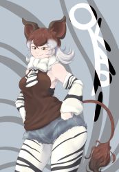 Rule 34 | 1girl, animal ears, animal print, armpits, bare shoulders, bow, bowtie, brown eyes, brown hair, character name, closed mouth, cutoffs, denim, denim shorts, detached sleeves, extra ears, eyebrows, flipped hair, grey hair, hair between eyes, hands on own hips, highres, irimo (knhg3432), kemono friends, looking at viewer, medium hair, multicolored eyes, multicolored hair, okapi (kemono friends), okapi ears, okapi tail, pantyhose, pantyhose under shorts, pocket, print bow, print bowtie, print neckwear, print pantyhose, print sleeves, shirt, short shorts, shorts, sidelocks, sleeveless, sleeveless shirt, smile, solo, tail, two-tone hair, white bow, yellow eyes