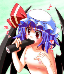 Rule 34 | 1girl, :d, akagi yuuto, bad id, bad pixiv id, bat wings, blue hair, bow, ehoumaki, fellatio, female focus, flat chest, food, hat, hat bow, makizushi, musical note, nipples, nude, open mouth, oral, pinky out, red eyes, remilia scarlet, setsubun, sexually suggestive, short hair, simulated fellatio, smile, solo, sushi, touhou, upper body, wings