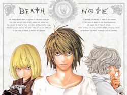 Rule 34 | 00s, 3boys, bags under eyes, black gloves, blonde hair, bob cut, brown hair, candy, chocolate, chocolate bar, copyright name, death note, eating, english text, finger to face, food, gloves, l (death note), long hair, looking at viewer, male focus, mello (death note), multiple boys, near (death note), obata takeshi, official art, silver hair, spiked hair, upper body, wavy hair