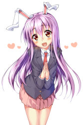 Rule 34 | 1girl, animal ears, blazer, blush, female focus, jacket, long hair, necktie, open mouth, own hands together, piromizu, purple hair, rabbit ears, red eyes, red necktie, reisen udongein inaba, revision, skirt, smile, solo, touhou, very long hair