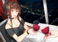 Rule 34 | 1girl, 1other, :d, bad id, bad pixiv id, bare shoulders, black choker, black dress, black ribbon, breasts, brown hair, casual, choker, city lights, collarbone, cup, dress, drinking glass, elbow rest, folded ponytail, fork, hair intakes, hair ornament, hair ribbon, head tilt, holding, holding cup, indoors, kantai collection, knife, long hair, medium breasts, napkin, night, off-shoulder dress, off shoulder, open mouth, pallad, plate, ponytail, pov, red eyes, ribbon, sitting, smile, spoon, table, very long hair, wine glass, yamato (kancolle)