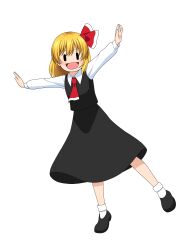 Rule 34 | 1girl, absurdres, ascot, black footwear, black skirt, black vest, blonde hair, blush, commentary, hair ribbon, highres, long sleeves, looking at viewer, open mouth, outstretched arms, red ascot, red ribbon, ribbon, rumia, simple background, skirt, skirt set, smile, socks, solo, tatsu toyoyo, touhou, vest, white background, white socks, | |