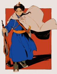 1boy axis_powers_hetalia cape deel full_body gun highres male_focus mongolia_(hetalia) mongolian_clothes nanimonothing pointy_footwear rifle solo toortsog weapon