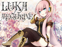 Rule 34 | 1girl, aqua eyes, boots, breasts, ebira (piapro), ebira (ruvie), female focus, headphones, crossed legs, long hair, megurine luka, pink hair, sitting, skirt, smile, solo, thighhighs, vocaloid, zettai ryouiki