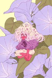 Rule 34 | 1girl, artist name, barefoot, big hair, blush, curly hair, flower, hair between eyes, leaf, long hair, looking at viewer, mini person, minigirl, nail polish, original, own hands together, purple eyes, purple flower, purple nails, rii abrego, signature, solo, squatting, white hair, yellow background
