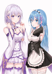 Rule 34 | 2girls, absurdres, alternate hair length, alternate hairstyle, apron, bare shoulders, black bow, black dress, blue eyes, blue hair, bow, braid, breasts, butterfly hair ornament, cleavage, commentary request, cowboy shot, detached sleeves, dress, emilia (re:zero), eyelashes, flower, frilled apron, frills, hair between eyes, hair flower, hair ornament, hairstyle switch, hand up, hands up, highres, legs apart, locked arms, long hair, long sleeves, looking at viewer, multiple girls, parted lips, pointy ears, purple eyes, re:zero kara hajimeru isekai seikatsu, rem (re:zero), short hair, standing, thighhighs, thighs, tokkyu, white apron, white dress, white flower, white legwear, wide sleeves, x hair ornament