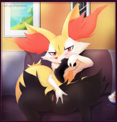 Rule 34 | 1girl, absurdres, animal ear fluff, animal ears, animal nose, artist name, black fur, blush, body fur, border, bowl, braixen, clitoris, controller, couch, covering own mouth, creatures (company), dated, drawing (object), dualshock, eryz, female focus, flat chest, food, fox ears, fox girl, fox tail, furry, furry female, game controller, game freak, gamepad, gen 6 pokemon, hand up, highres, holding, holding controller, holding game controller, indoors, looking at viewer, nintendo, nose blush, picture frame, playstation controller, pokemon, pokemon (creature), popcorn, purple border, pussy, pussy juice, red eyes, signature, sitting, snout, solo, spread legs, stick, sweat, tail, twitter username, uncensored, watermark, white fur, yellow fur