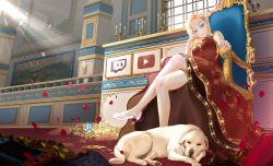Rule 34 | 1girl, arm rest, blonde hair, blue eyes, blush, breasts, choker, commission, crossed legs, crystal, dog, dress, gold, gonzz (gon2rix), hair ornament, head on hand, head tilt, high heels, highres, indoors, large breasts, long hair, looking at viewer, original, parted bangs, petals, red dress, scenery, sitting, sleeveless, sleeveless dress, smile, solo, thighs, twitch.tv, white footwear, youtube