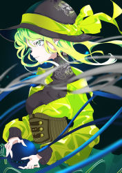 Rule 34 | 1girl, absurdres, black hat, black shirt, blouse, commentary, corset, facing to the side, floating hair, from side, green eyes, green hair, green skirt, hat, hat ribbon, highres, holding, jacket, komeiji koishi, long sleeves, looking afar, medium hair, mizoreshi, parted lips, ribbon, shirt, skirt, sleeve cuffs, solo, tattoo, touhou, upper body, yellow jacket, yellow ribbon