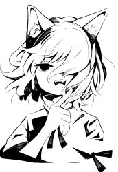 Rule 34 | 1girl, animal ears, fang, fox ears, greyscale, hair over one eye, hanokami, high contrast, highres, kudamaki tsukasa, looking at viewer, monochrome, open mouth, short hair, simple background, smile, solo, touhou, upper body
