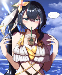 Rule 34 | ..., 1girl, absurdres, artist name, bellona (epic seven), between breasts, bikini, black hair, blue sky, breasts, bubble tea, bubble tea challenge, cup, disposable cup, drinking straw, epic seven, flower, glint, green eyes, hair flower, hair ornament, hair ribbon, hands up, highres, large breasts, long hair, looking at viewer, navel, outdoors, ribbon, sky, spoken ellipsis, swimsuit, twomoon
