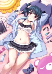 Rule 34 | 1girl, 2017, :o, absurdres, arm behind head, armpits, arms up, bathrobe, bed, bed sheet, black bow, black skirt, blue hair, blush, book, bow, breasts, collarbone, controller, copyright notice, cosmetics, cowboy shot, crop top, earbuds, earphones, earphones removed, frilled skirt, frills, from above, game controller, groin, hair bun, hair ornament, hair scrunchie, halterneck, highres, holding, holding own hair, indoors, inou shin, lipstick tube, logo, long hair, looking at viewer, love live!, love live! school idol festival, love live! sunshine!!, lying, makeup, midriff, miniskirt, nail polish, nail polish bottle, navel, official art, on back, open clothes, open robe, pillow, playing with own hair, purple eyes, robe, scan, scrunchie, shadow, side bun, single side bun, skirt, small breasts, solo, stuffed animal, stuffed toy, teddy bear, thighs, tsushima yoshiko, watermark, white scrunchie