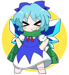 Rule 34 | &gt; &lt;, 1girl, blue bow, blue dress, blue hair, blush, bow, cirno, dress, fairy, full body, green scarf, grin, hair bow, ice, ice wings, ini (inunabe00), scarf, shirt, short hair, short sleeves, smile, solo, touhou, white shirt, wings
