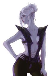 Rule 34 | 1girl, baldur&#039;s gate, baldur&#039;s gate 3, bare arms, black pants, breasts, clothing request, collarbone, colored skin, commentary, contrapposto, cowboy shot, dark elf, dungeons &amp; dragons, elf, expressionless, hair bun, hand on own hip, hand on own thigh, highres, looking ahead, midriff, minthara, navel, neck tattoo, pants, parted bangs, paulina klime, pointy ears, purple skin, red eyes, short hair, sideboob, simple background, single hair bun, small breasts, solo, standing, tattoo, white background, white hair