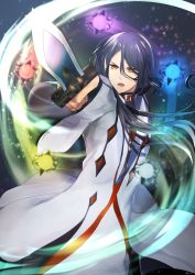 Rule 34 | 1boy, belt, black hair, brown eyes, coat, fate/prototype, fate/prototype: fragments of blue and silver, fate (series), hair between eyes, highres, holding, holding sword, holding weapon, long hair, male focus, open mouth, pants, paracelsus (fate), solo, sword, weapon