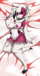 Rule 34 | 1girl, animal ears, animal hands, bed sheet, breasts, claws, collar, creatures (company), dakimakura (medium), dog ears, feet, from above, full body, furry, furry female, game freak, gen 7 pokemon, hand up, highres, large breasts, looking at viewer, lycanroc, lying, navel, nintendo, nipples, on side, open mouth, pink eyes, pokemon, pokemon (creature), pokemon sm, pussy, red background, sharp teeth, signature, simple background, smile, solo, teeth, tongue, two-tone background, white background, zzvinniezz