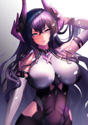 Rule 34 | 1girl, arm up, bare shoulders, blush, breasts, closed mouth, commentary request, covered navel, crossed bangs, detached sleeves, goddess of victory: nikke, gradient background, grey background, hand in own hair, harran (nikke), horns, kangaruu (momotk1109), large breasts, long hair, long sleeves, looking at viewer, purple eyes, smile, solo