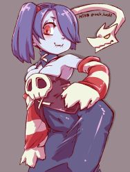 Rule 34 | blue hair, blue skin, breasts, collarbone, colored skin, contrapposto, covered navel, cowboy shot, detached collar, detached sleeves, dress, grey background, half-closed eyes, hand on own hip, highres, leviathan (skullgirls), long sleeves, looking at viewer, looking down, mtk hoshi, red eyes, side ponytail, sideboob, skullgirls, smile, squigly (skullgirls), striped