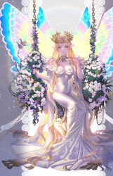 Rule 34 | 1girl, aurora (fate), bird, blonde hair, breasts, butterfly wings, chain, cleavage, commentary, covered navel, dress, fate/grand order, fate (series), flower, flower swing, full body, grey background, hand on own chest, head wreath, highres, insect wings, jewelry, large breasts, light particles, lips, long dress, long hair, looking at viewer, medium breasts, mermaid dress, na222222, necklace, off-shoulder dress, off shoulder, parted bangs, parted lips, pointy ears, purple flower, sitting, smile, solo, stole, tassel, thorns, very long hair, wavy hair, white dress, white flower, wings, yellow eyes