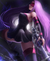 Rule 34 | 1girl, blindfold, blurry, blurry foreground, boots, breasts, chain, cleavage, detached sleeves, dress, fate/stay night, fate (series), forehead tattoo, high heel boots, high heels, large breasts, limgae, lips, long hair, medusa (fate), medusa (rider) (fate), nameless dagger (fate), profile, purple hair, revision, solo, strapless, strapless dress, thighhighs, very long hair, watermark, web address, zettai ryouiki