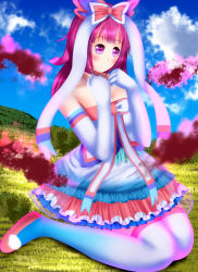 Rule 34 | 1girl, artist name, artist request, bare shoulders, blue legwear, blue skirt, blue sky, blush, bow, breasts, clenched hands, cloud, collarbone, day, dress, elbow gloves, female focus, gloves, grass, highres, looking at viewer, love live!, love live! nijigasaki high school idol club, on grass, outdoors, parted lips, pink bow, pink footwear, pink hair, pink skirt, purple eyes, shoes, short hair, skirt, sky, sleeveless, sleeveless dress, smile, solo, tennoji rina, white bow, white dress, white gloves, white legwear, white skirt