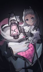 Rule 34 | 1girl, absurdres, ammunition belt, arknights, black dress, black gloves, cowboy shot, dark background, dress, gloves, grey background, grey eyes, grey hair, hair intakes, hands up, highres, holding, holding lantern, holding sword, holding weapon, irene (arknights), komi (komiking), lantern, long hair, long sleeves, looking at viewer, multicolored clothes, multicolored dress, pantyhose, pink dress, pink pupils, scar, scar across eye, sidelocks, simple background, solo, sword, weapon, white dress, white pantyhose, wind